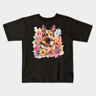 A german shepherd decorated with beautiful watercolor flowers Kids T-Shirt